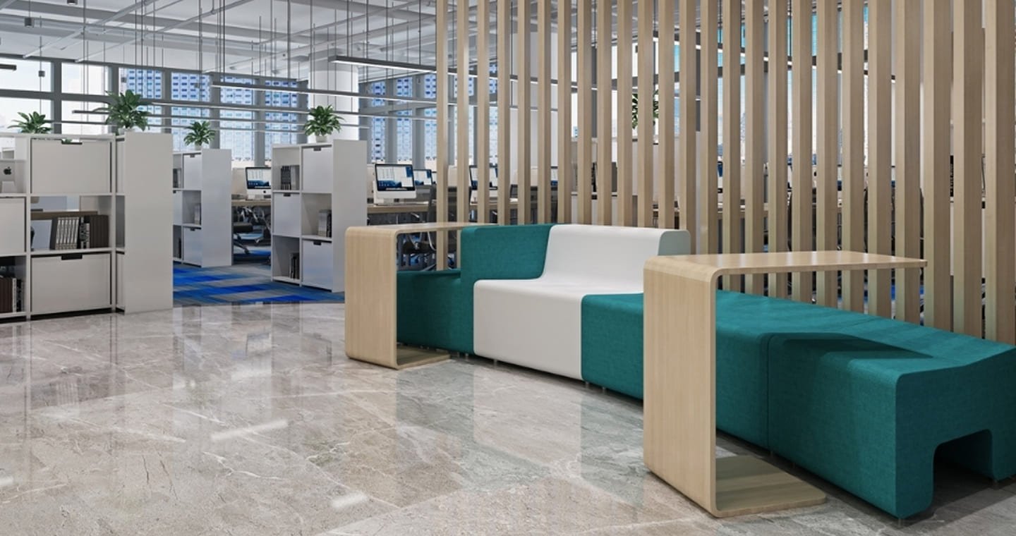 Modern office fit-out Heathmont - curved timber slat partition, modular lounge seating, open workspace and polished concrete floor