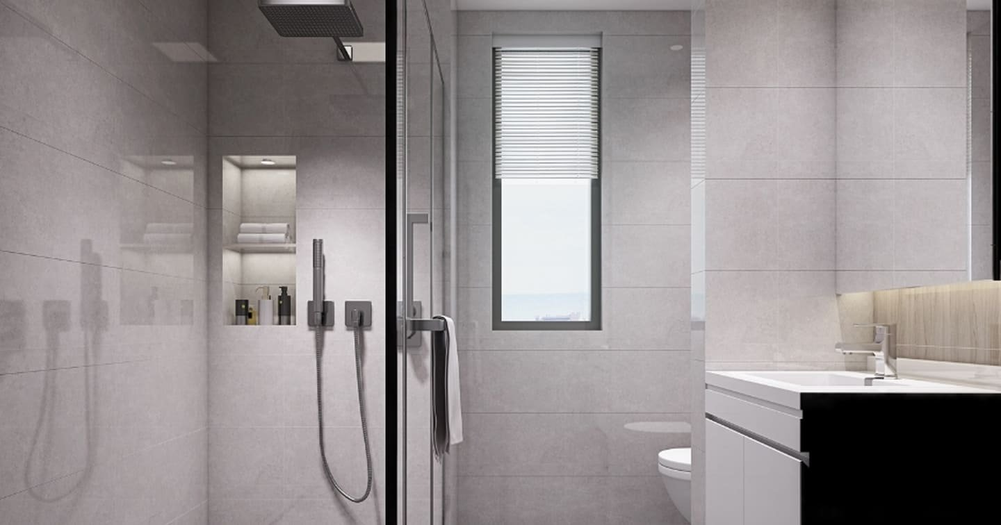 Contemporary Grey Bathroom with Black Fixtures Bg Img