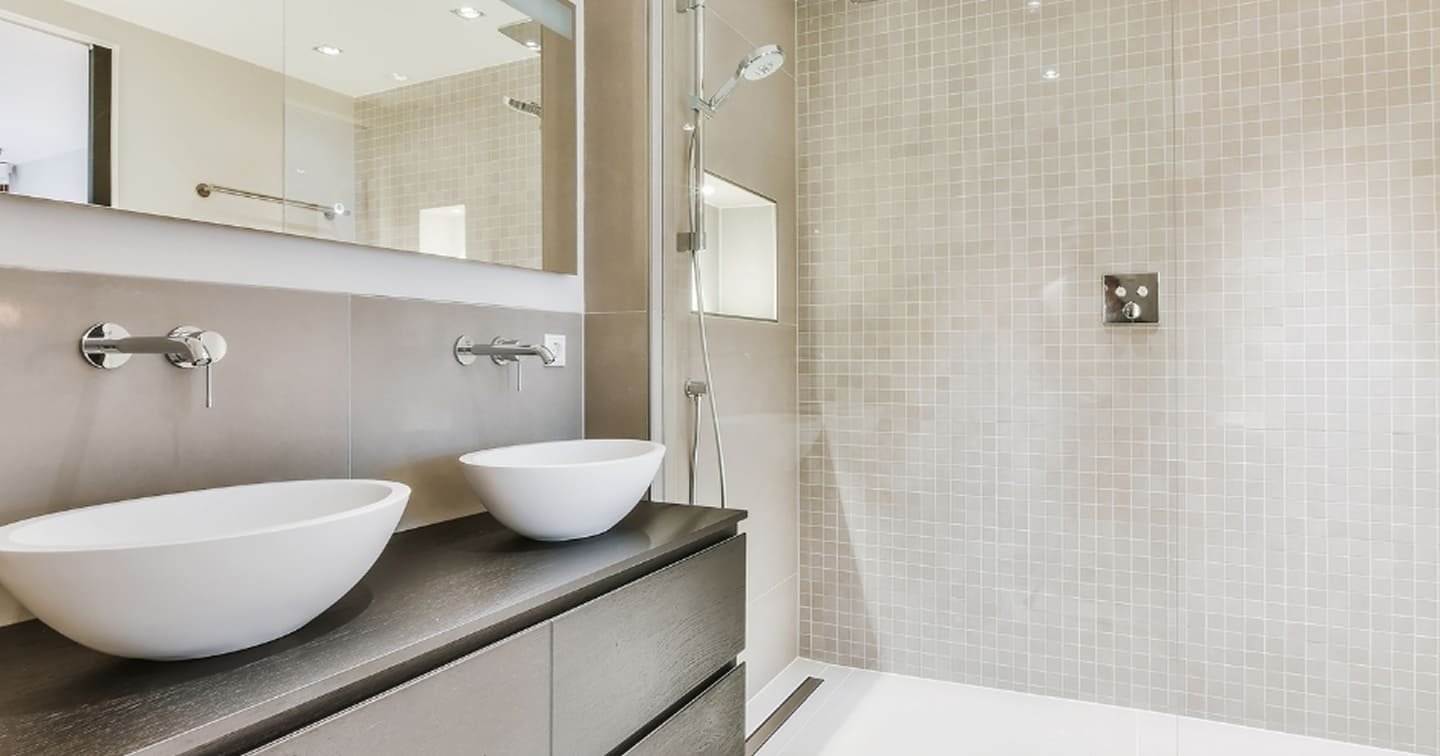 Dual Basin Bathroom with Mosaic Shower Feature Bg Img