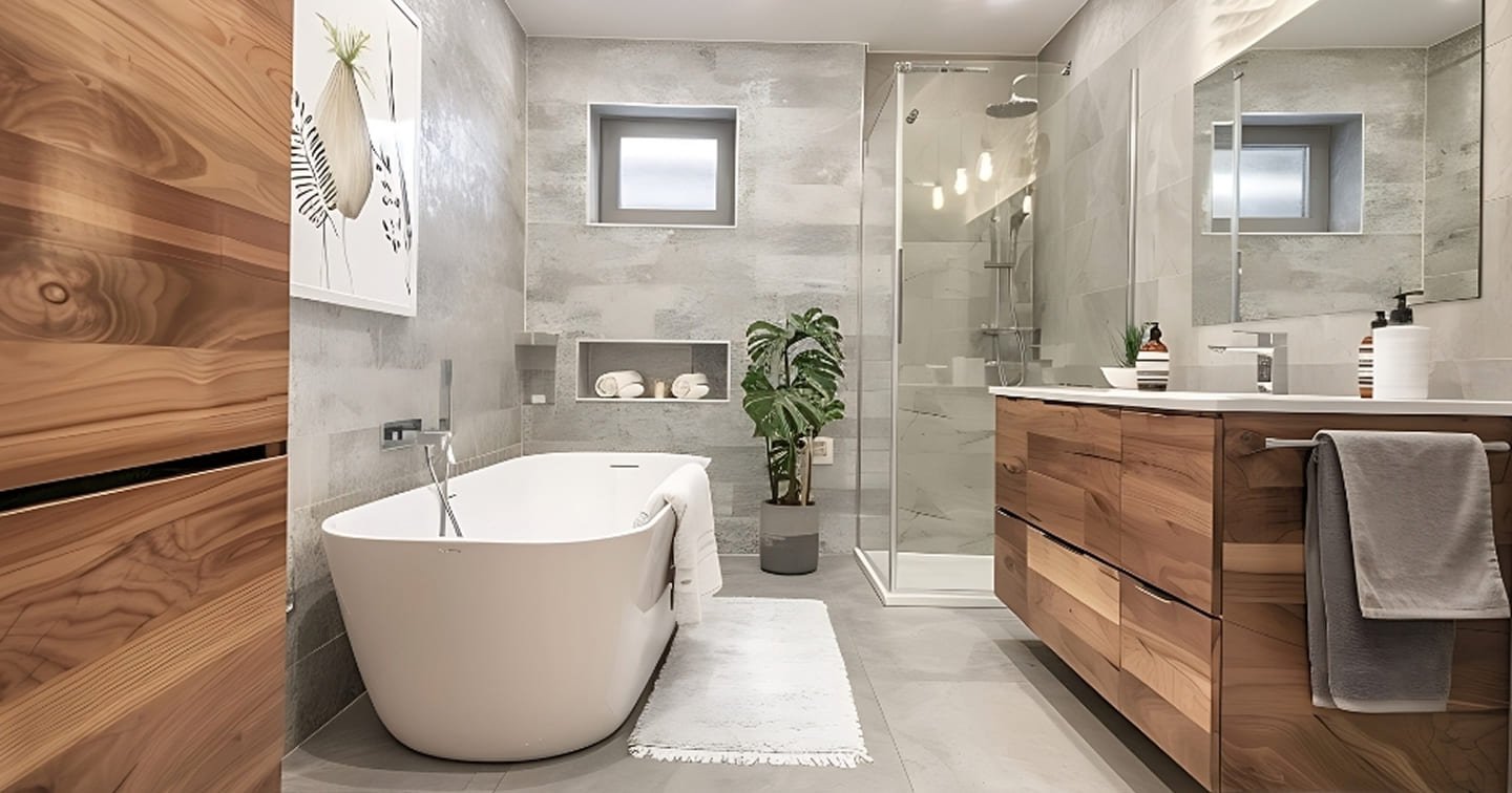 Spa Bathroom with Freestanding Bath and Timber Wall Bg Img